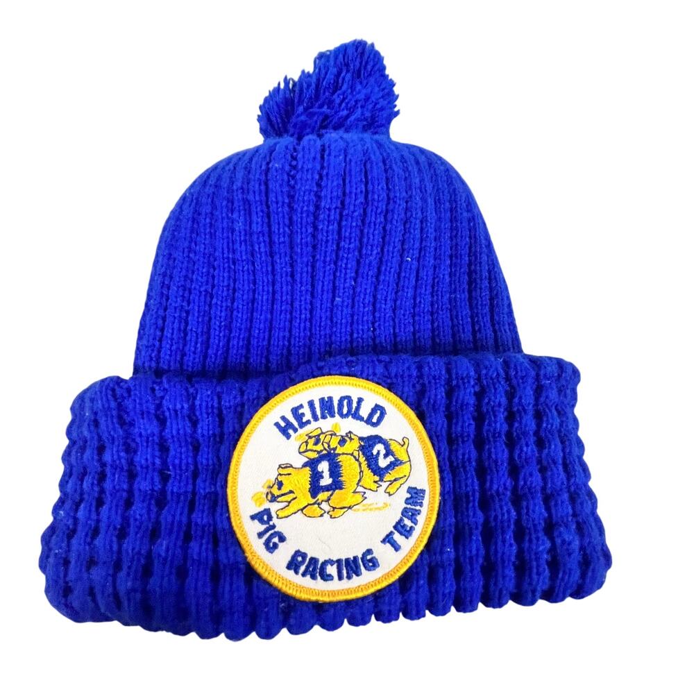 Kid's Vintage royal blue knit bobble beanie winter hat Pig Racing Team
